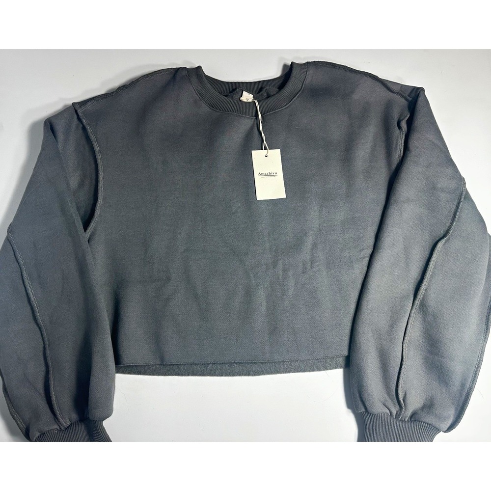 Amazhiyu Women Charcoal Gray Cropped Crewneck Sweatshirt Raw Hem S